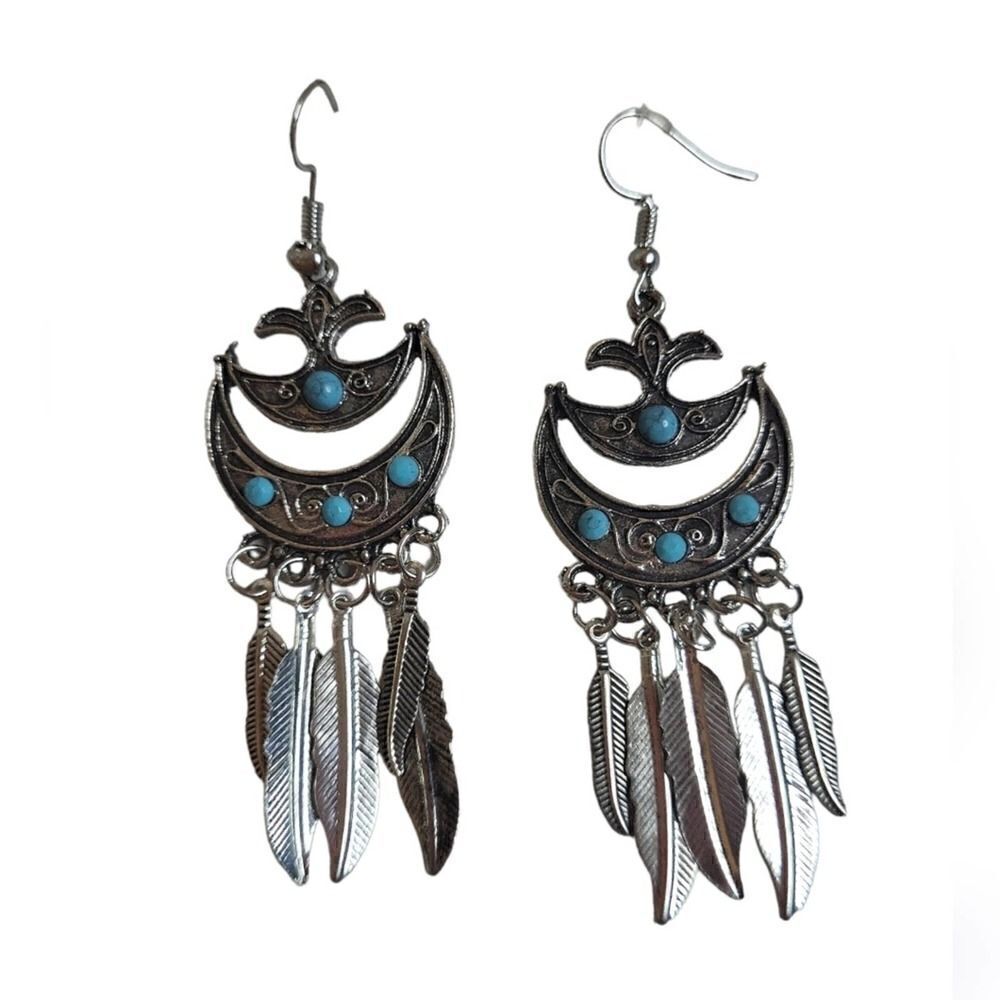 Native American Earrings Crescent Style Faux Turquoise Silver Colored Feathers